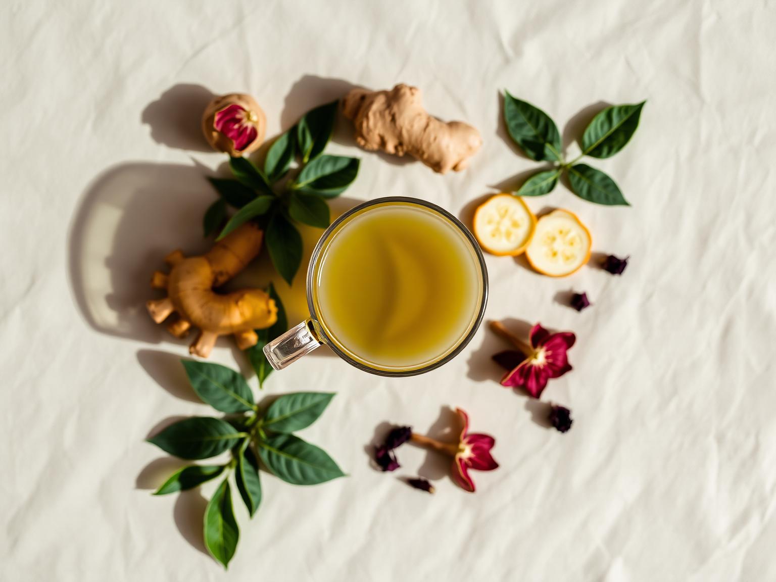 Xícara de chá funcional com folhas de chá verde, gengibre e hibisco em fundo cremoso