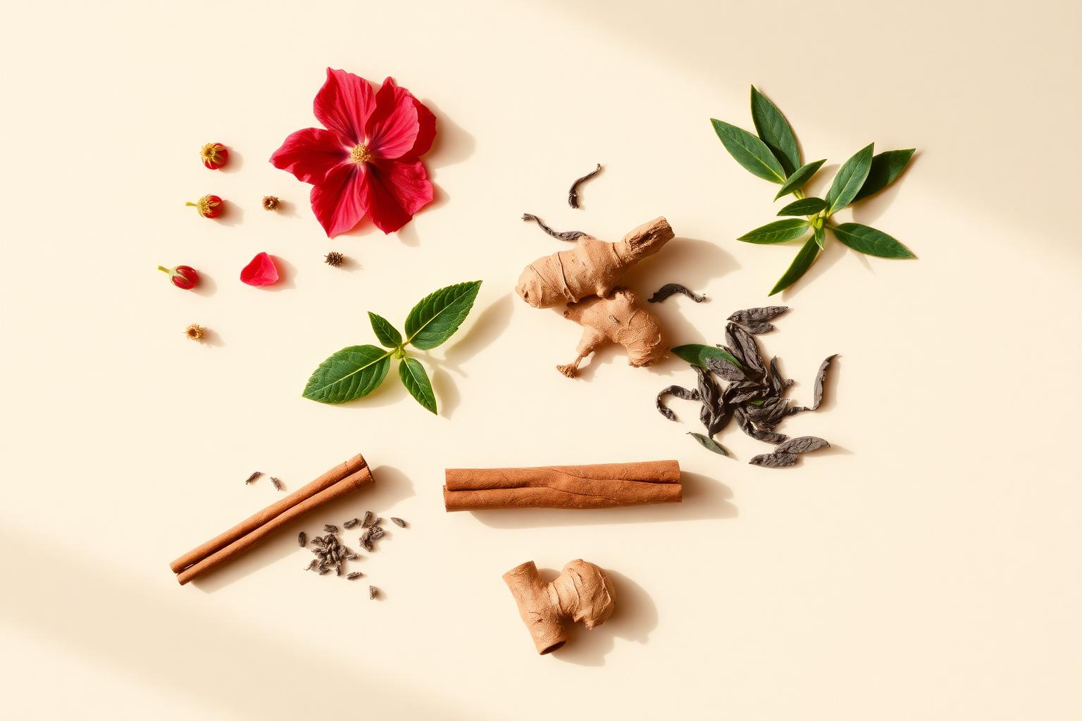 Ingredientes naturais: hibisco, gengibre, canela e folhas de chá